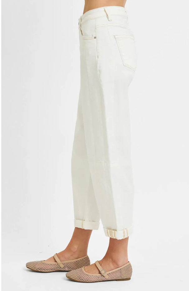 Risen Cream High Rise Barrel Jeans