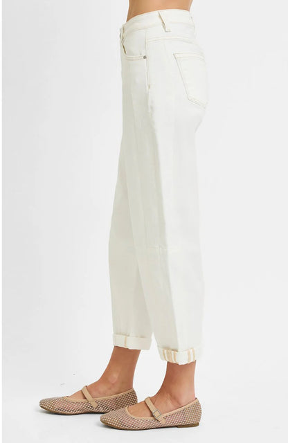 Risen Cream High Rise Barrel Jeans