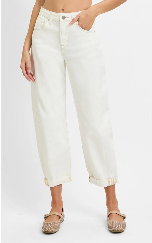 Risen Cream High Rise Barrel Jeans