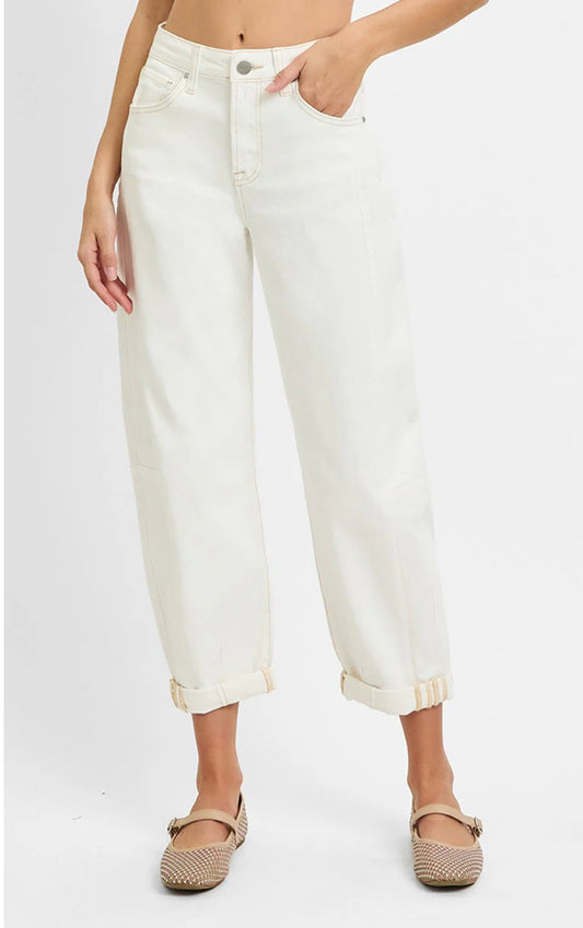 Risen Cream High Rise Barrel Jeans