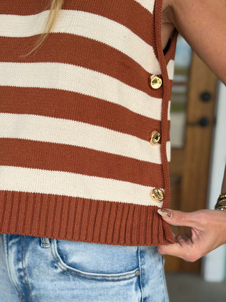 Caramel Stripe Sweater Top Gold Buttons