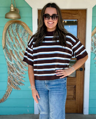 Blue & Brown Crew Neck Stripe Sweater