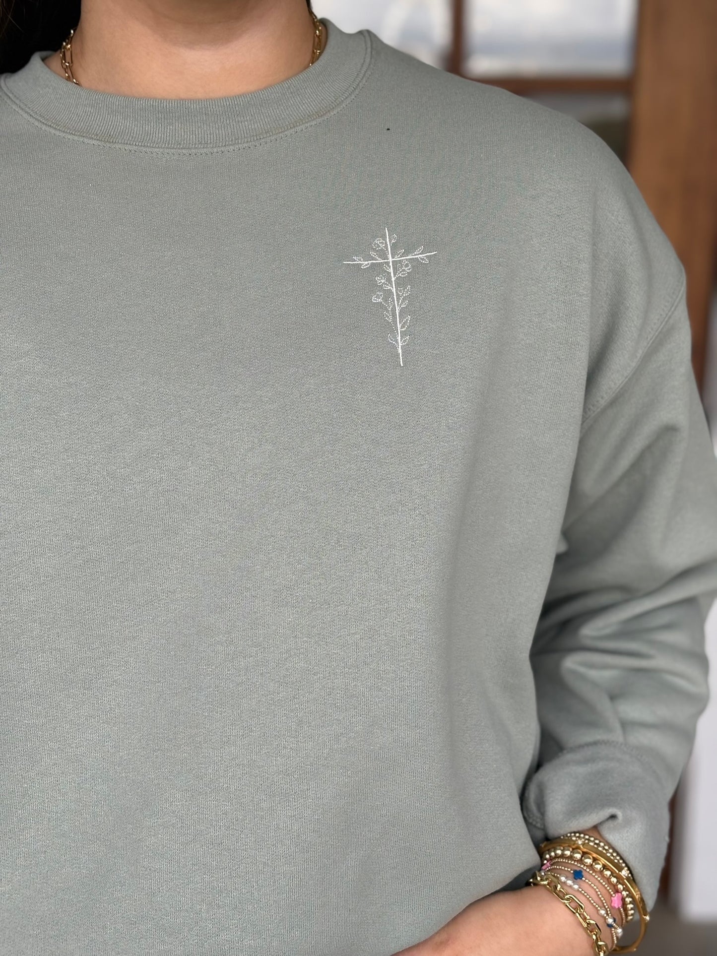 Floral Cross Embroidered Green Sweatshirt