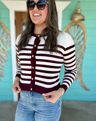 Burgundy Stripe Sweater Cardigan