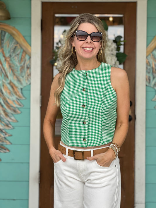 Green Houndstooth Button Up Vest