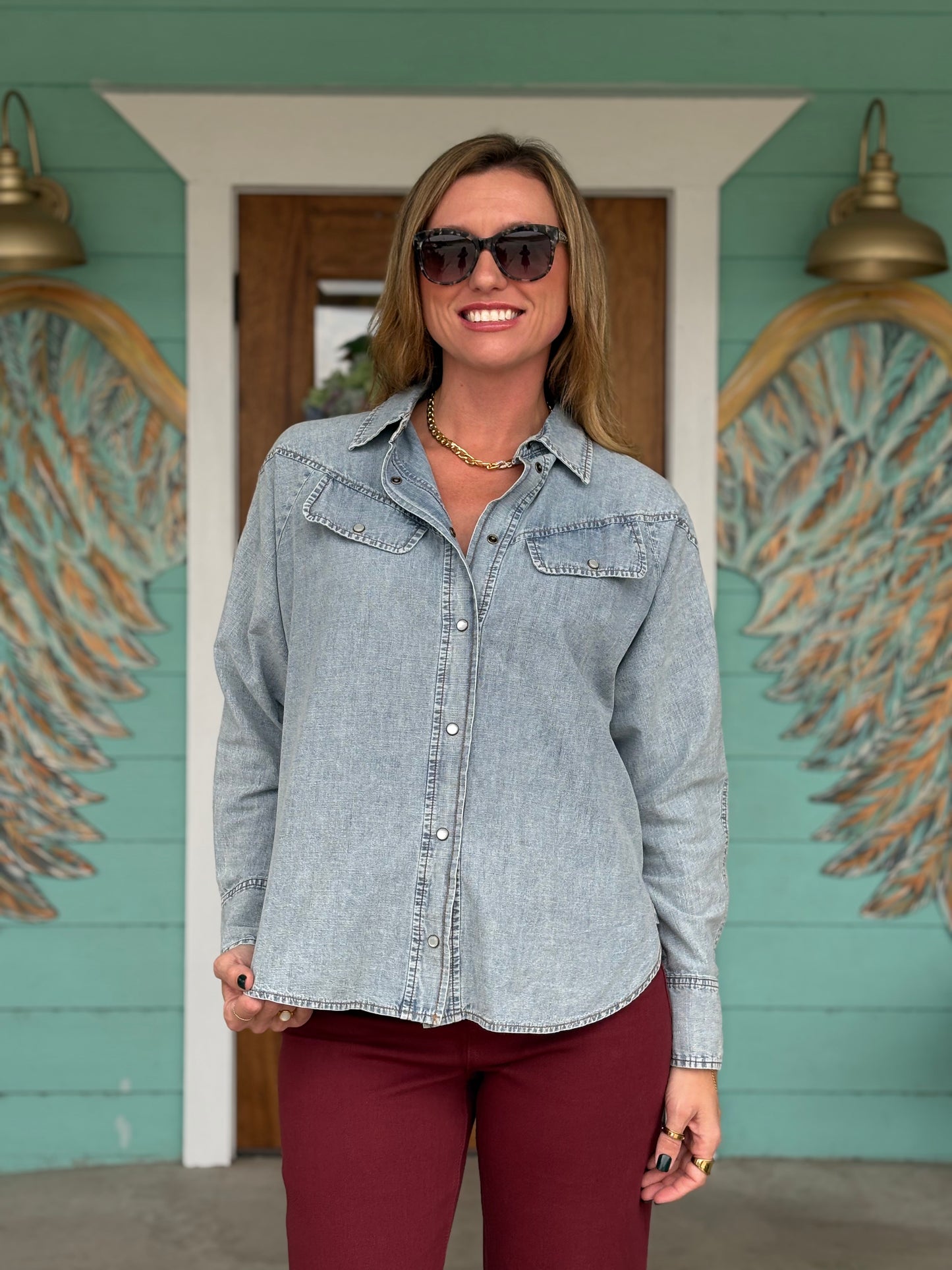 Light Denim Pearl Snap Shirt