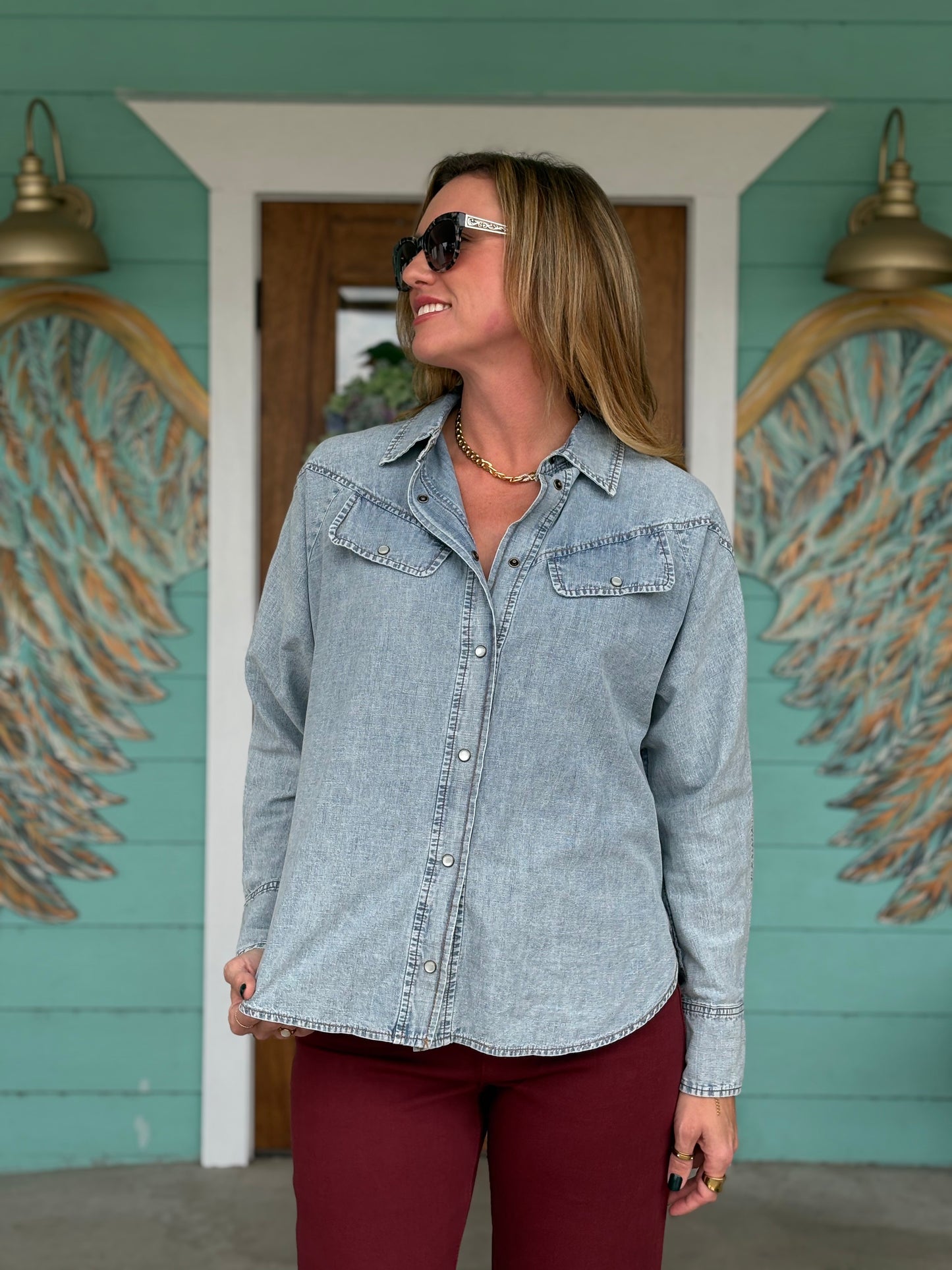 Light Denim Pearl Snap Shirt