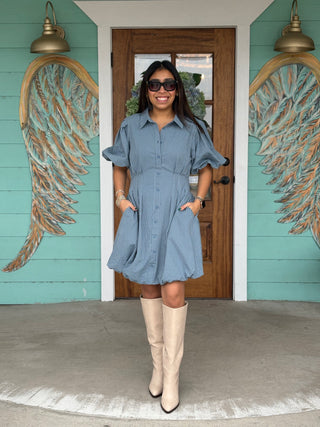 Blue Striped Puff Sleeve Mini Dress