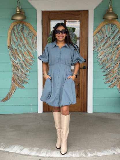 Blue Striped Puff Sleeve Mini Dress