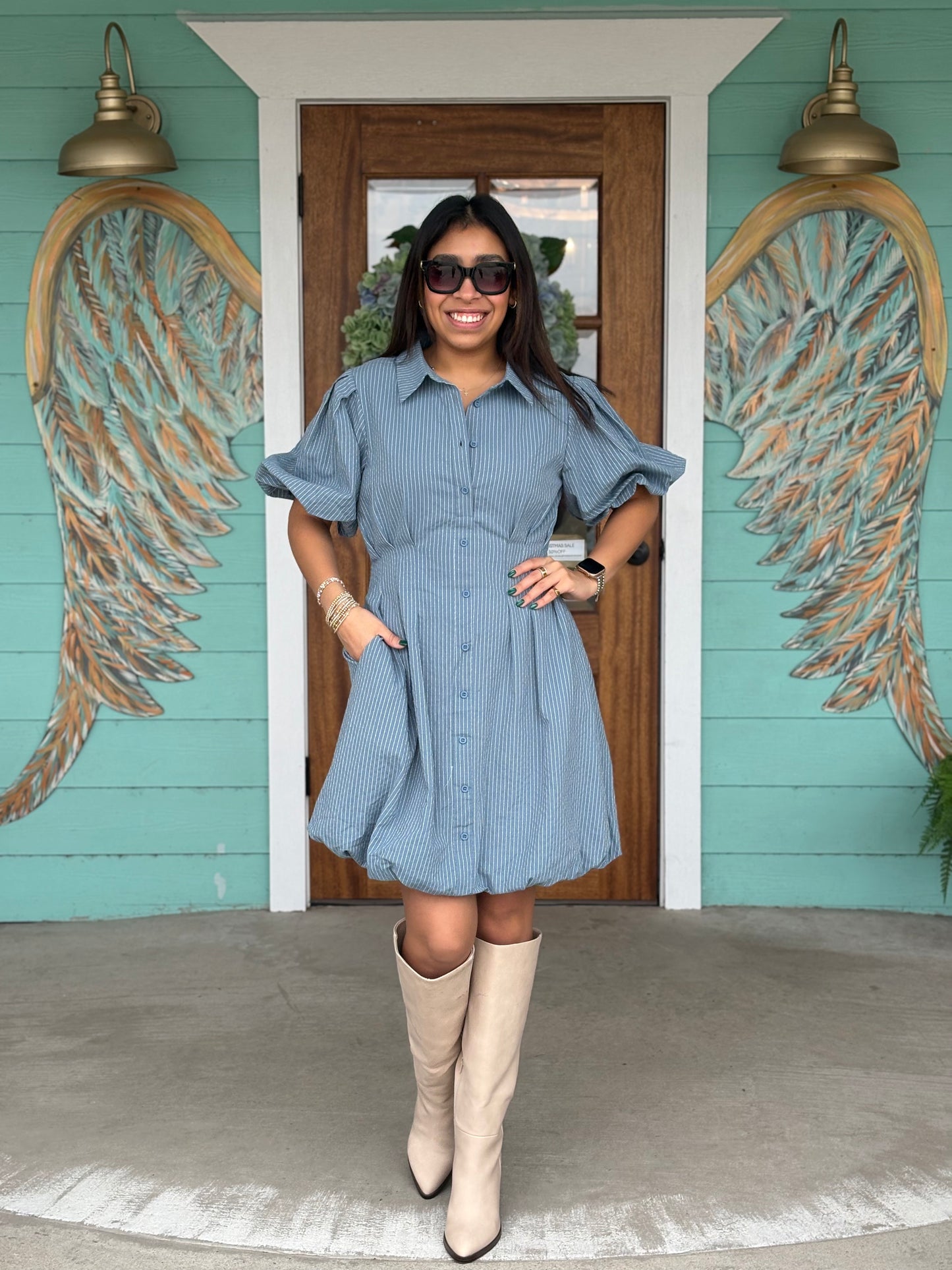 Blue Striped Puff Sleeve Mini Dress
