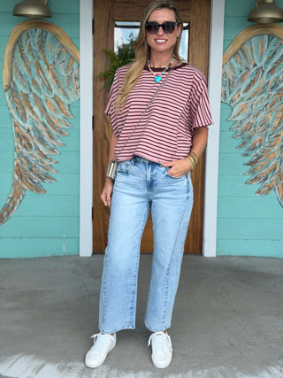 Wine/Pink Striped Round Neck Dolman Tee