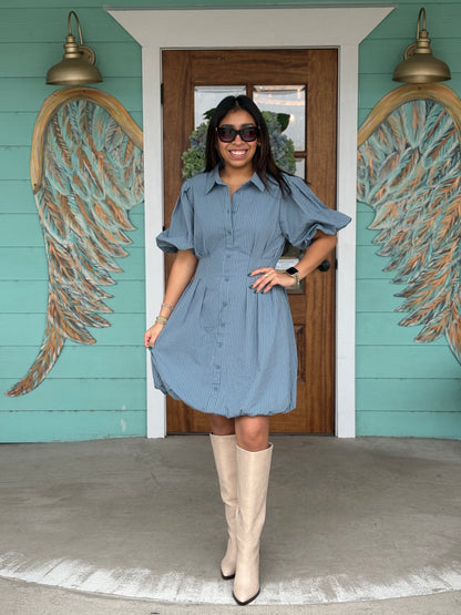 Blue Striped Puff Sleeve Mini Dress