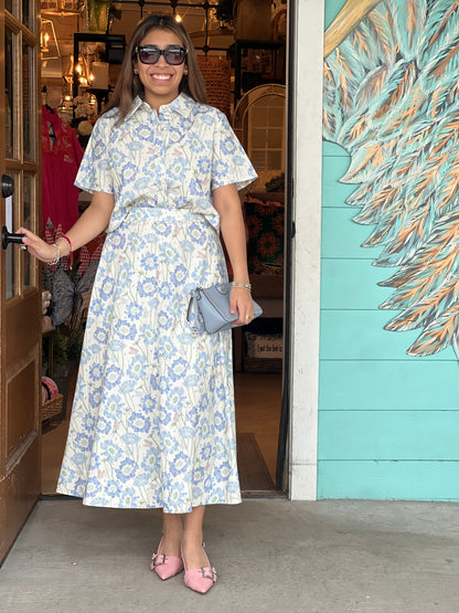 Blue Floral Pearl Detail Skirt
