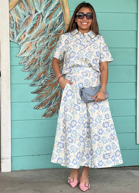 Blue Floral Pearl Detail Skirt