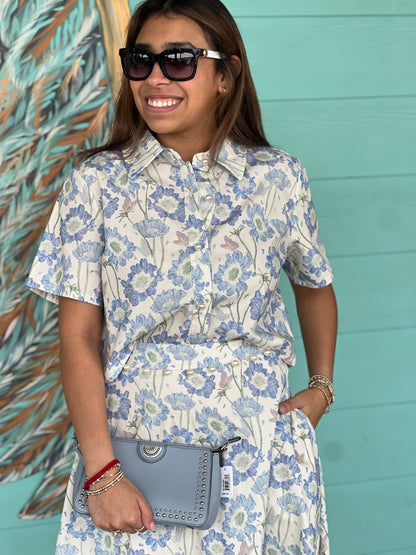 Blue Floral Pearl Detail Top