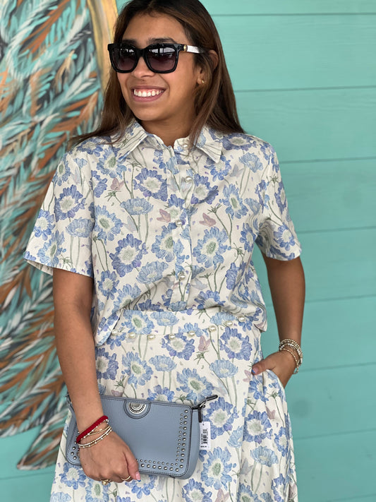 Blue Floral Pearl Detail Top