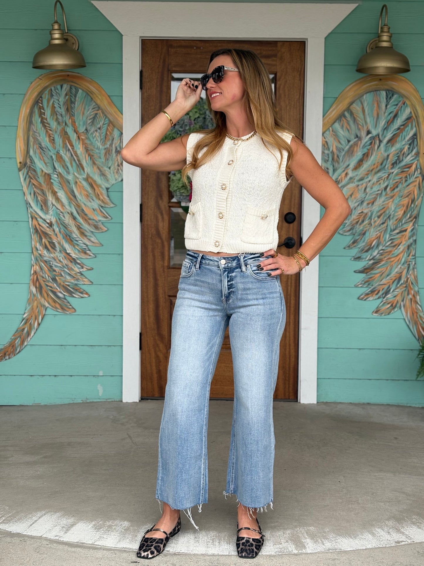 White Knitted Pearl Button Vest Top