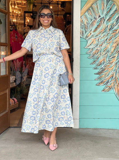 Blue Floral Pearl Detail Skirt