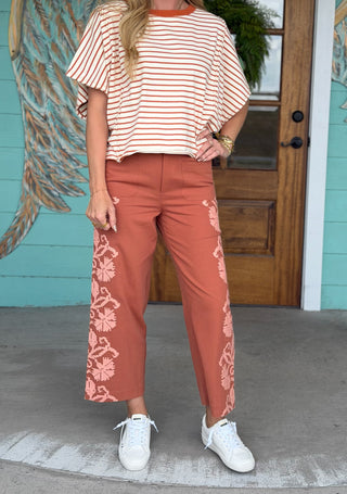 Ivy Jane Rust Floral Embroidered Pants