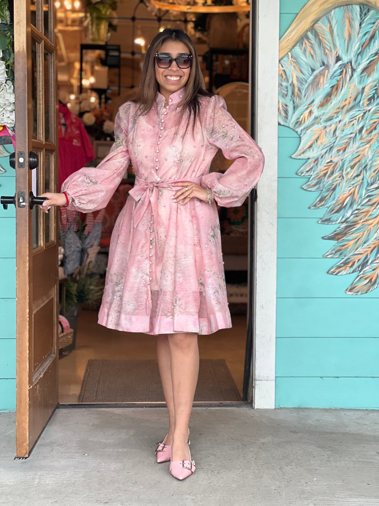 Pink Floral Rhinestone Embellished Dress
