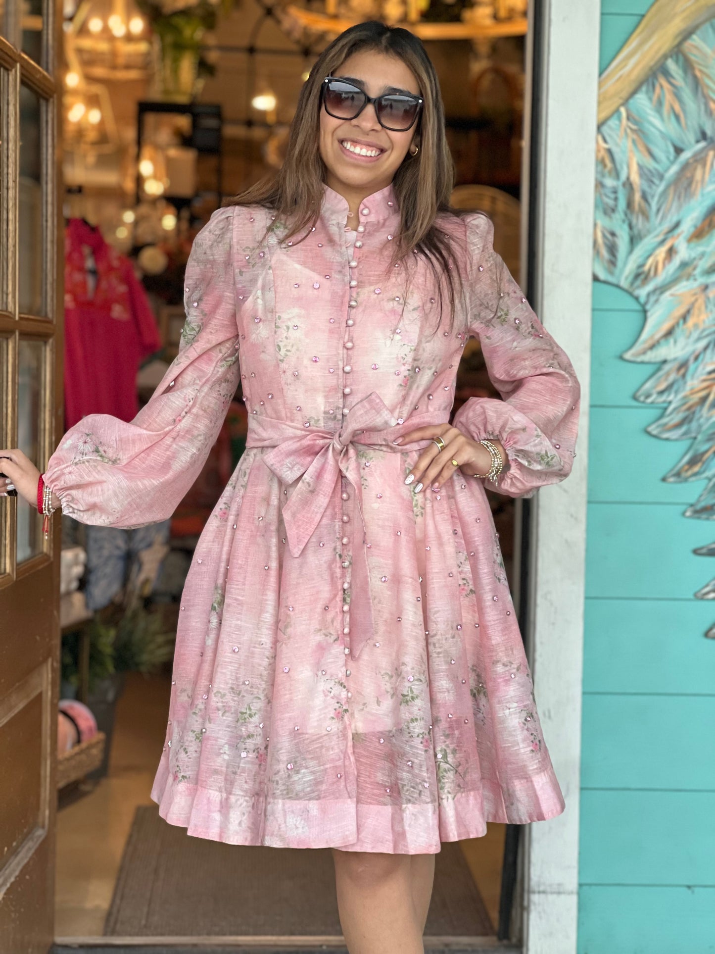 Pink Floral Rhinestone Embellished Dress