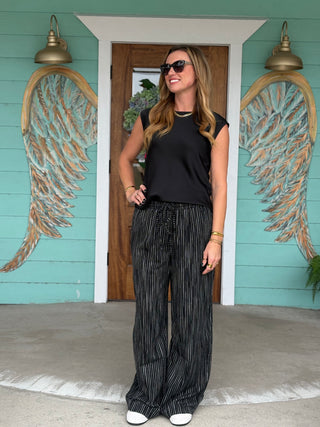 Black Stripe Elastic Wide Leg Pants