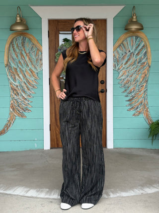 Black Stripe Elastic Wide Leg Pants