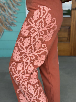 Ivy Jane Rust Floral Embroidered Pants