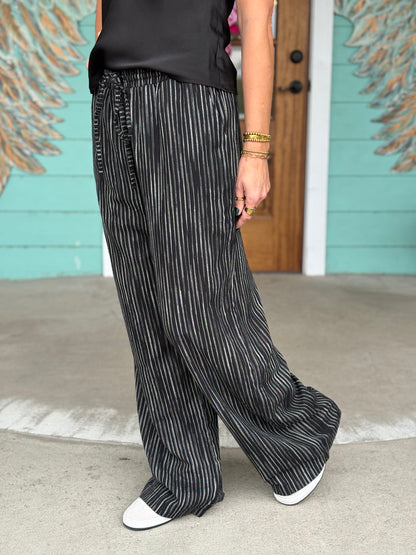 Black Stripe Elastic Wide Leg Pants