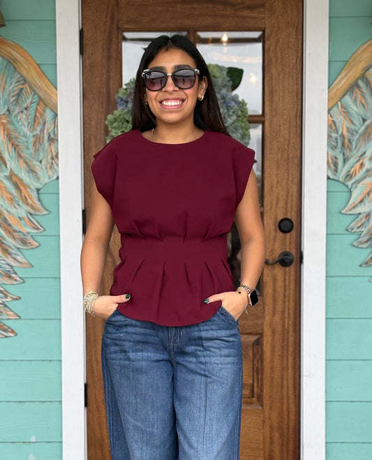 Burgundy Pleated Waist Top