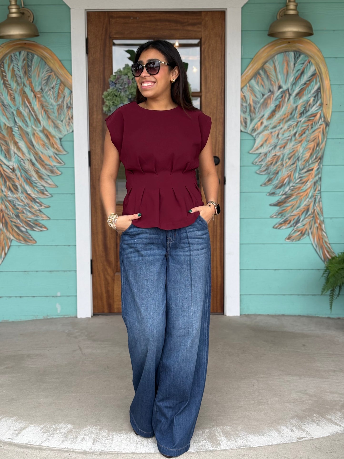 Burgundy Pleated Waist Top
