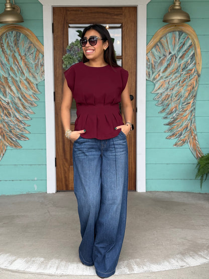Burgundy Pleated Waist Top