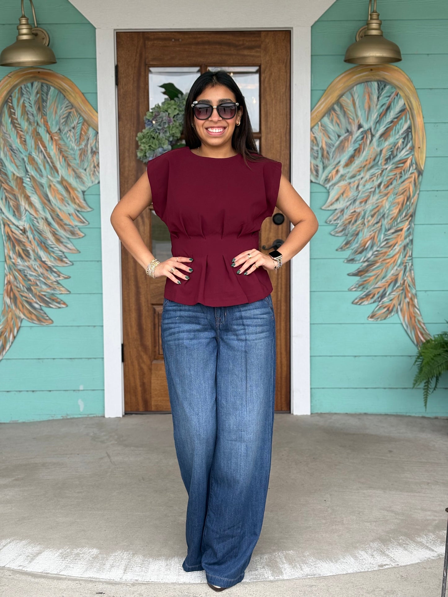 Burgundy Pleated Waist Top