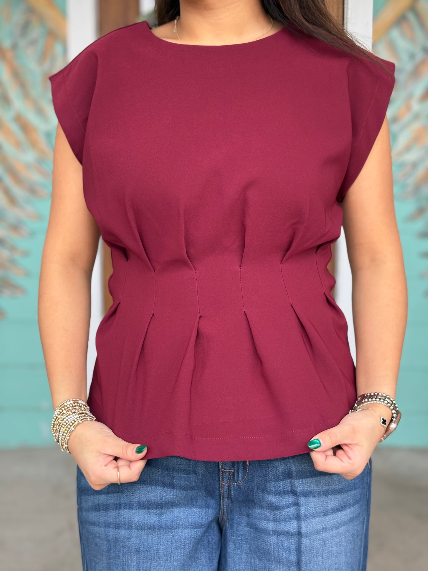 Burgundy Pleated Waist Top