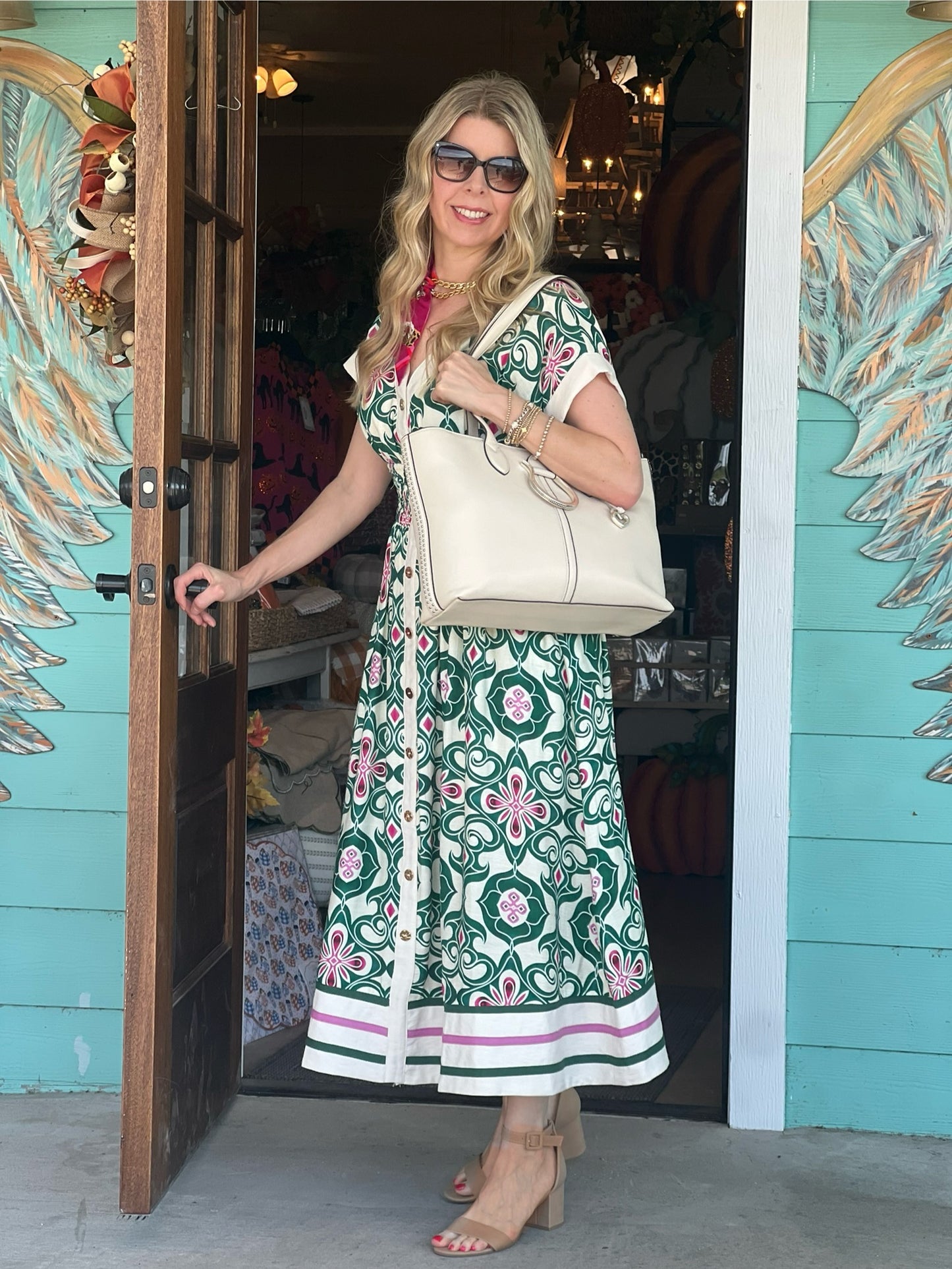 Pine & Pink Pattern Midi Dress