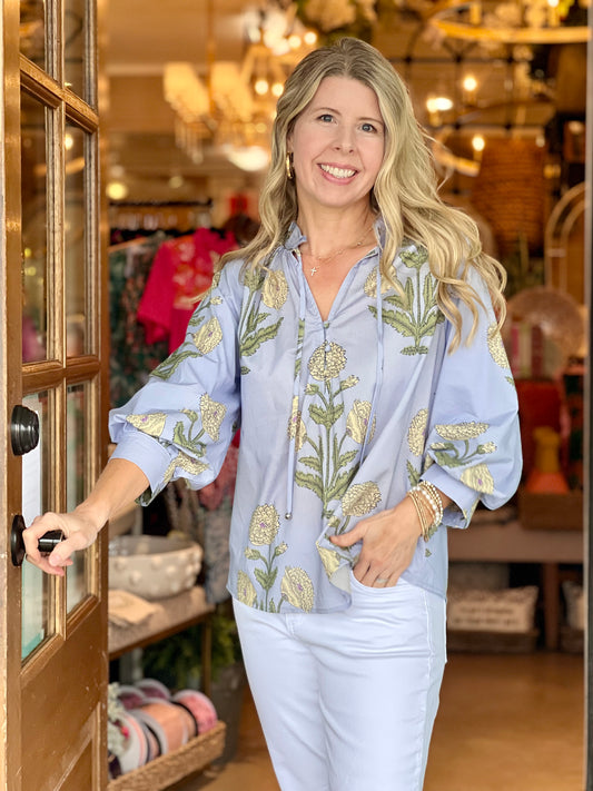 Blue Floral Print Puff Sleeve Top