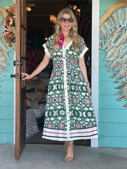Pine & Pink Pattern Midi Dress