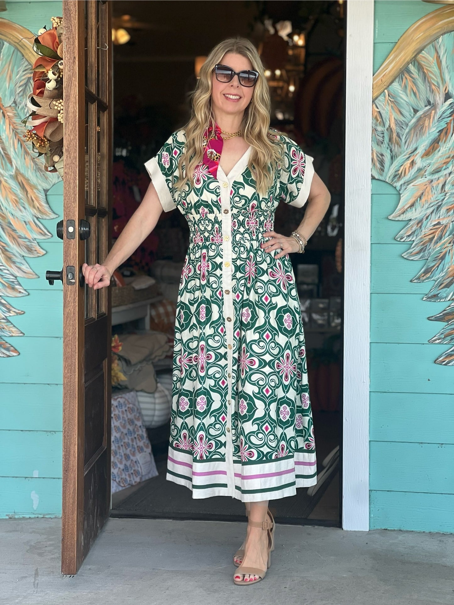 Pine & Pink Pattern Midi Dress