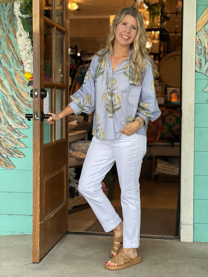 Blue Floral Print Puff Sleeve Top