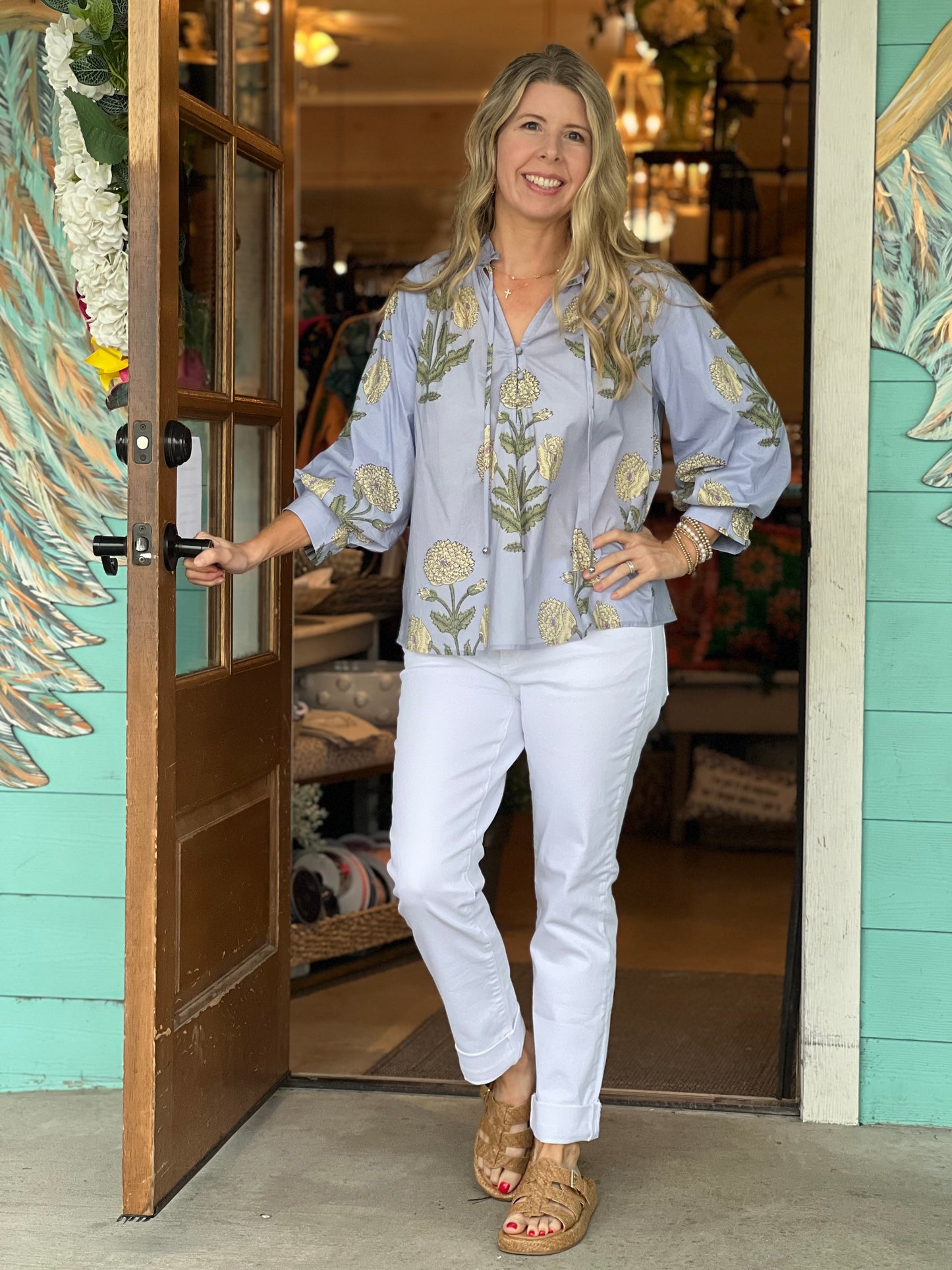 Blue Floral Print Puff Sleeve Top