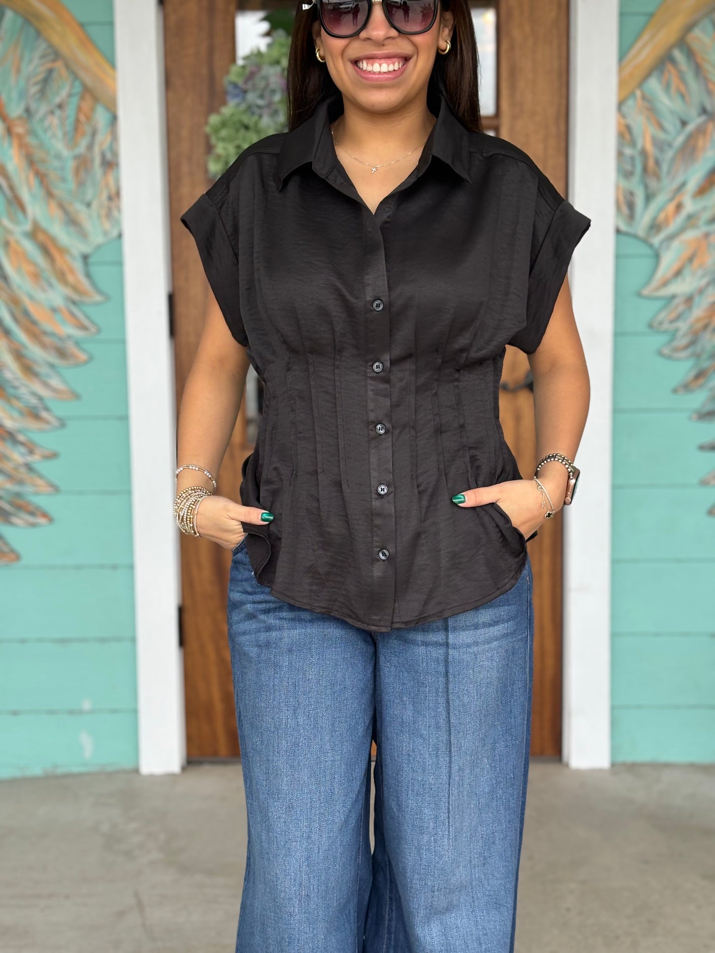 Black Pleated Waist Button Top