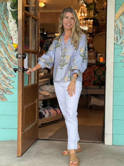 Blue Floral Print Puff Sleeve Top