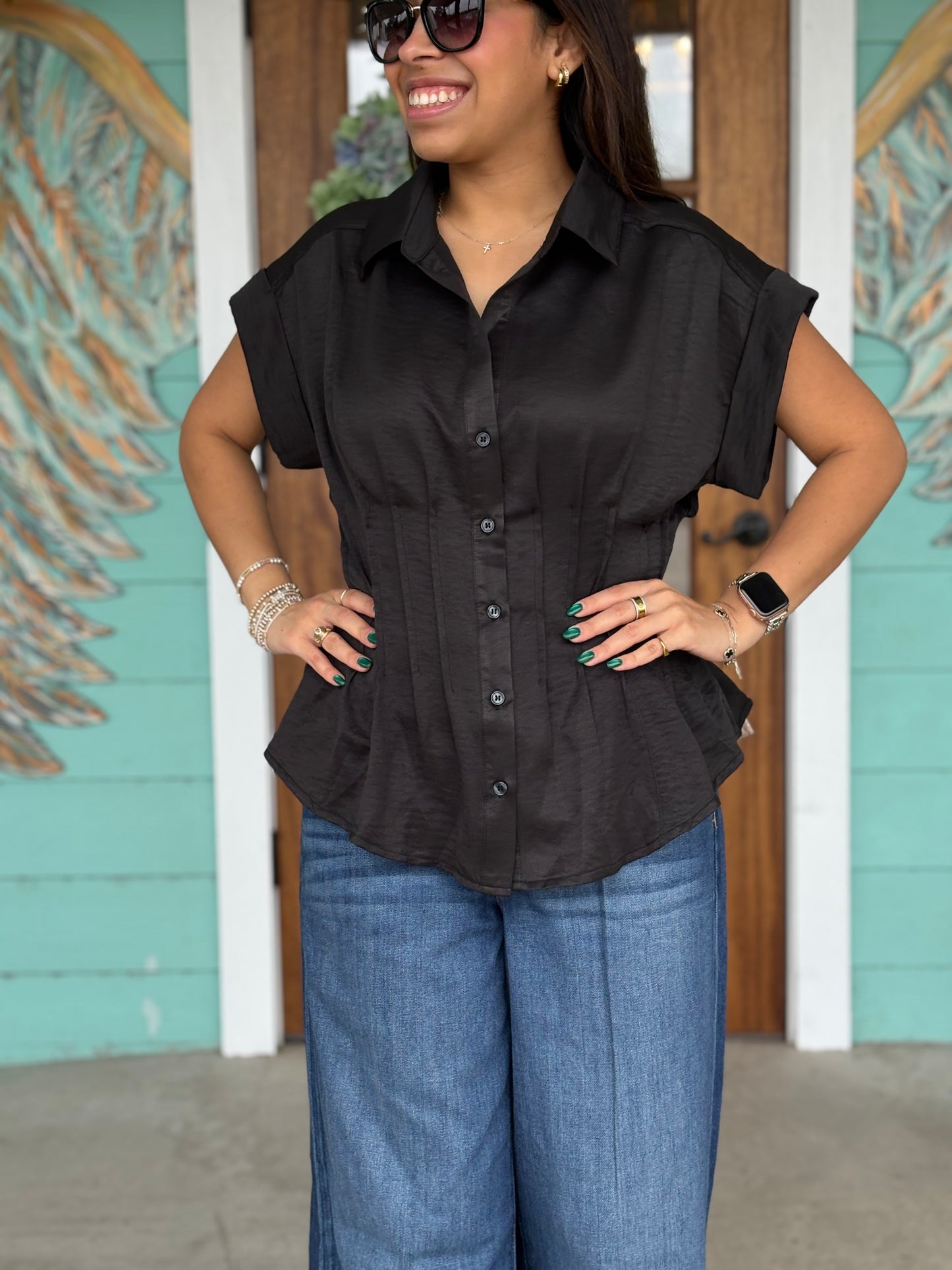 Black Pleated Waist Button Top