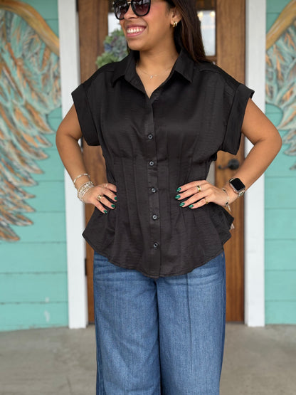 Black Pleated Waist Button Top
