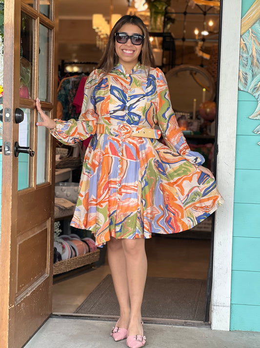 Multi Print Rhinestone Button Dress