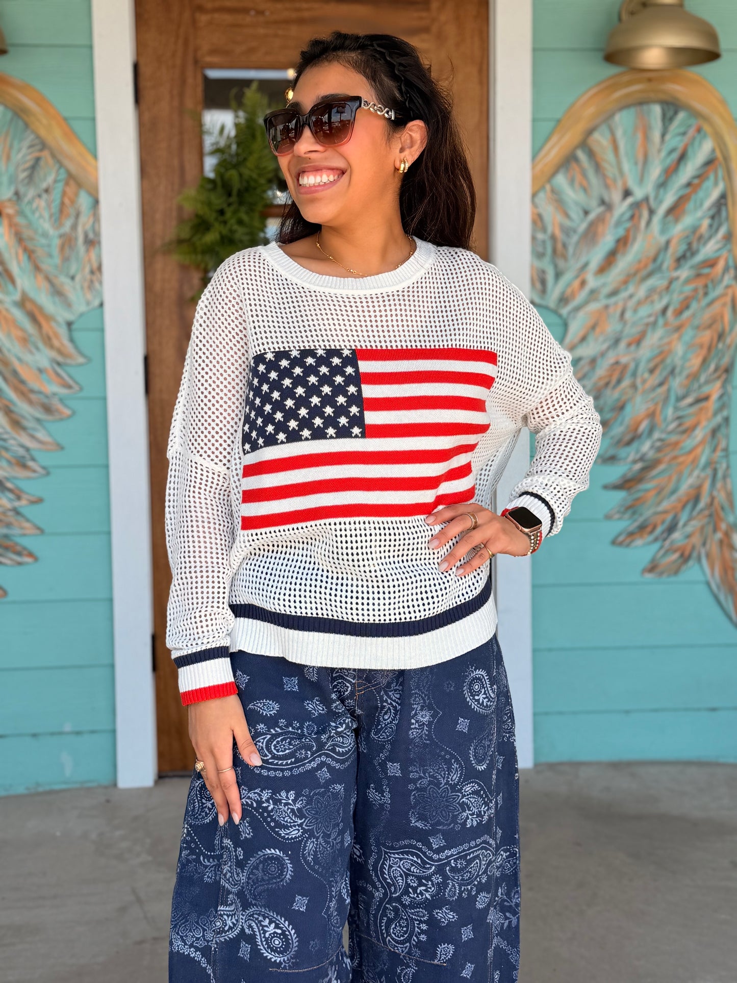 Flag Long Sleeve Mesh Crochet Top