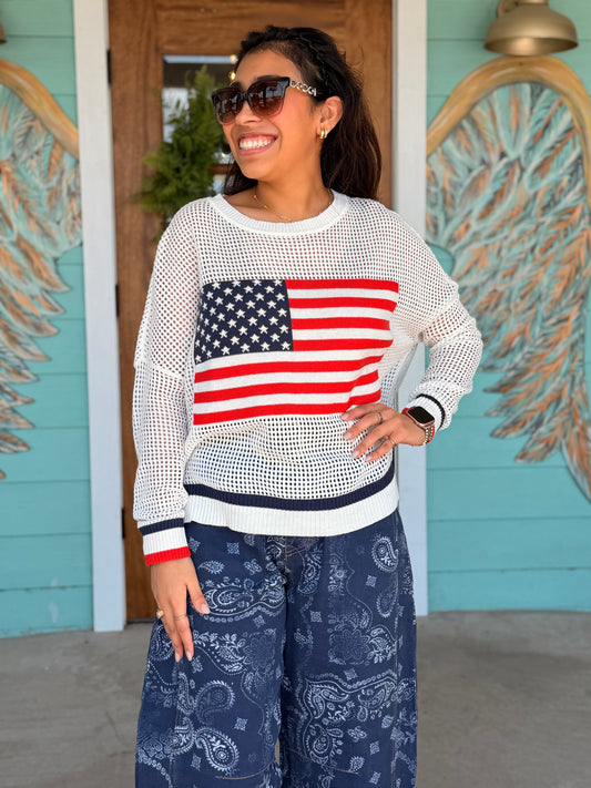 Flag Long Sleeve Mesh Crochet Top