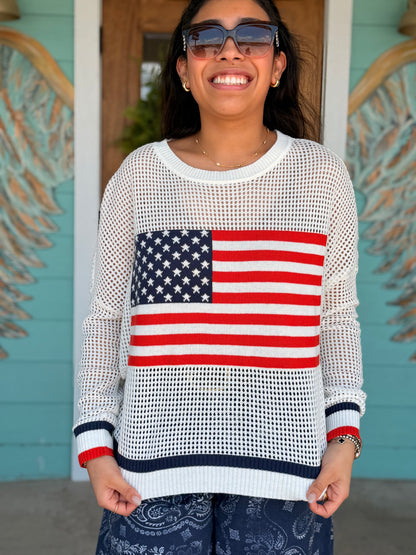 Flag Long Sleeve Mesh Crochet Top