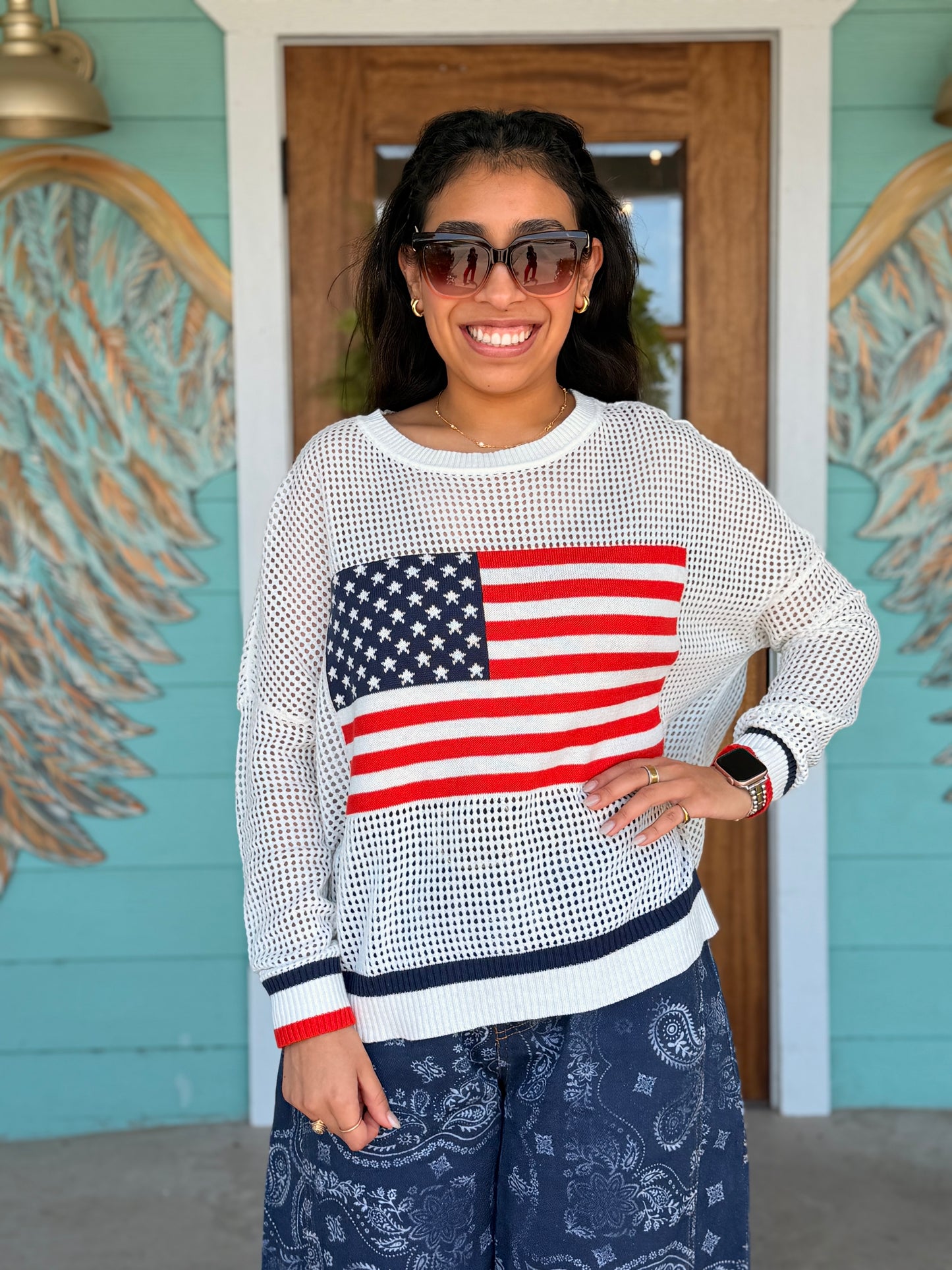 Flag Long Sleeve Mesh Crochet Top