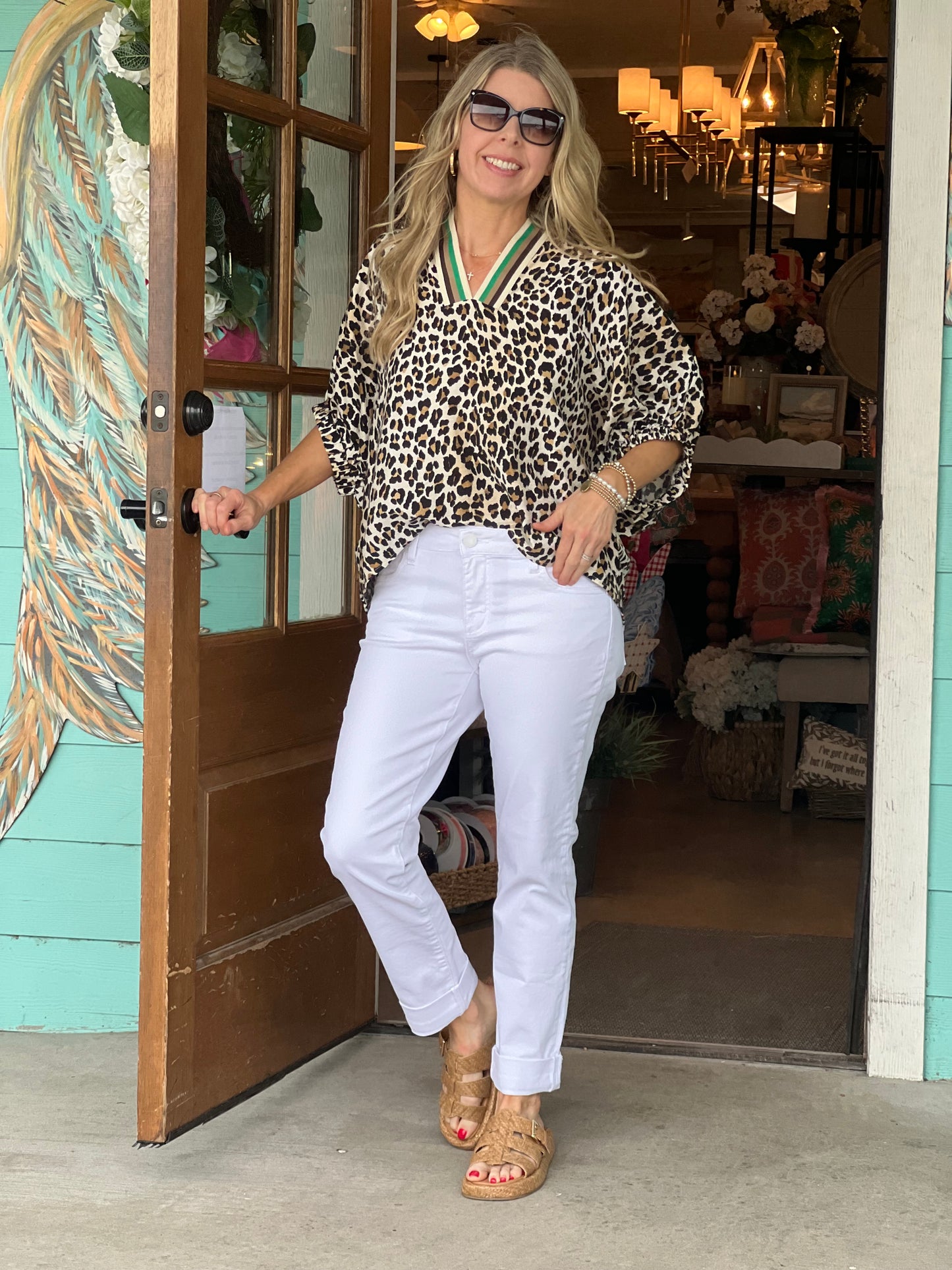 Leopard with Green Stripe Detail Top